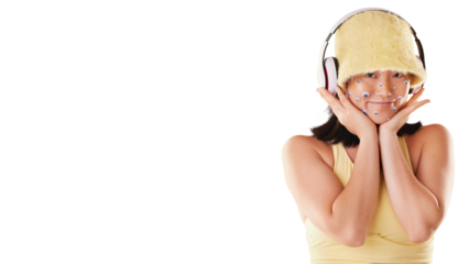 Music, listening with headphones and portrait of woman with mockup space isolated on transparent or png background. Happy face, Asian girl and technology for audio, sound or podcast advertising
