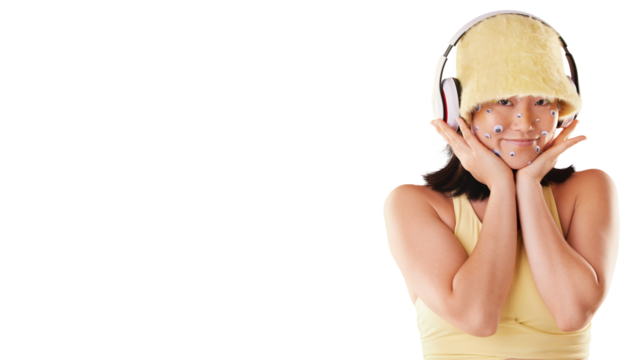 Music, listening with headphones and portrait of woman with mockup space isolated on transparent or png background. Happy face, Asian girl and technology for audio, sound or podcast advertising - Powered by Adobe