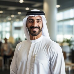 Fototapeta na wymiar handsome man with dish dasha working in his business office of Dubai. Portraits of a successful businessman in traditional emirates white dress.