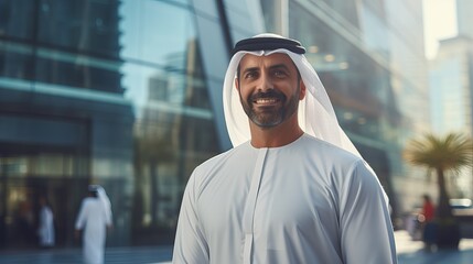 handsome man with dish dasha working in his business office of Dubai. Portraits of a successful businessman in traditional emirates white dress. - obrazy, fototapety, plakaty