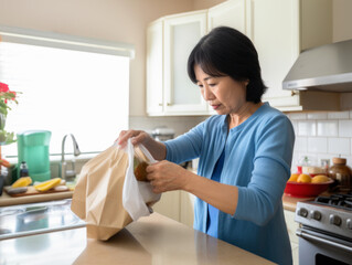 asian woman taking out food from bag