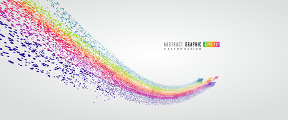 Countless colorful particles form a rainbow-shaped arrow, symbolizing rise and development, vector graphics. - 670825952