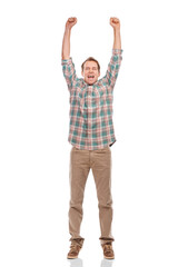 Celebration, excited winner and portrait of man with fist pump on isolated, png and transparent...