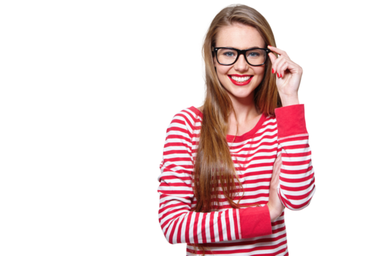 Fashion, glasses and beauty with portrait of woman on png for nerd, education and youth. Happy, smart and style with face of student isolated on transparent background for hipster confidence