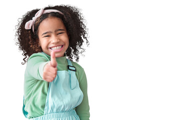 Portrait, happy and kid with thumbs up for success isolated on a transparent png background. Face,...