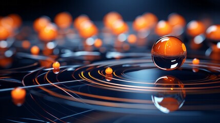 A fiery sphere rests delicately on a smooth surface, reflecting light through vibrant orange droplets, igniting a wild dance of colors - obrazy, fototapety, plakaty