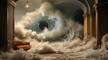 A captivating piece of art showcasing destructive force of nature, as massive wave crashes into an indoor room, its wild energy spilling onto walls and engulfing everything in a storm of emotion - obrazy, fototapety, plakaty