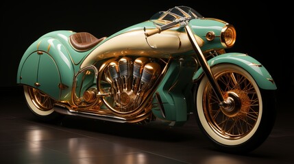 A sleek green and gold motorcycle with a shining headlamp sits parked, its powerful wheels and tire hinting at the wild and free spirit of its rider