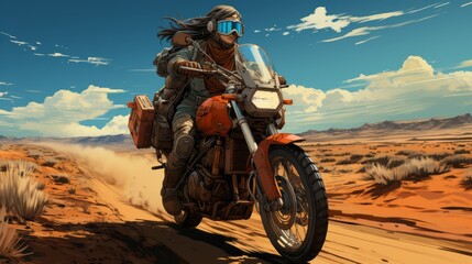 A fierce woman tears through the mountainous desert on her offroading motorcycle, her wheels kicking up clouds of dirt and her wild spirit soaring in the open sky