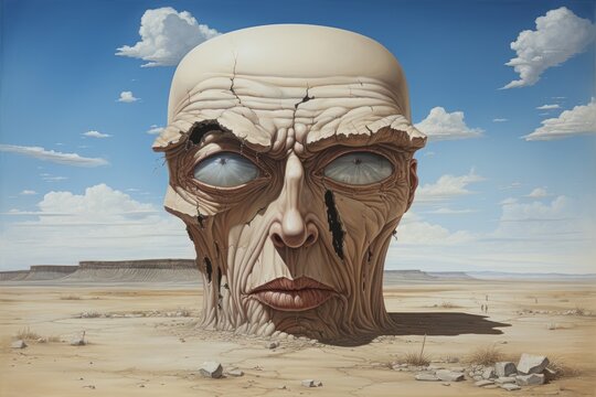 A gargantuan head looms over the sky, its piercing gaze fixated on a mysterious hole in the ground as a swirling cloud of emotion masks its true intentions in the wild outdoor setting