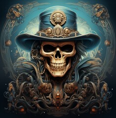 An enigmatic skull donning a vibrant hat becomes a masterpiece of clothing and art, a haunting mask evoking a surreal and captivating painting