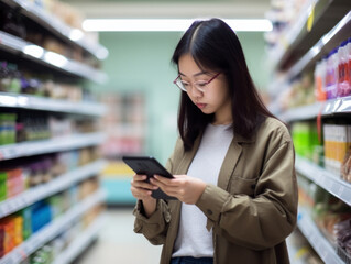 Asian-american women check their shopping list on their smartphones at a supermarket