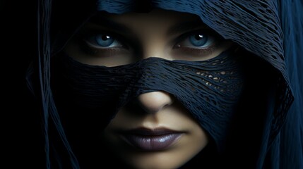 Enshrouded in mystery, the woman's eyes glimmered behind the black veil, her masquerade mask a symbol of secrecy and seduction - obrazy, fototapety, plakaty