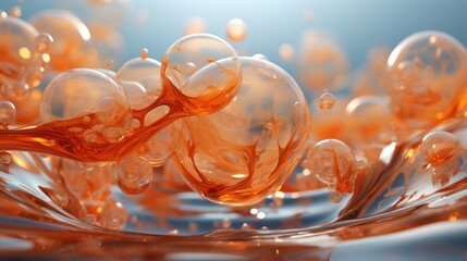 Vibrant orange bubbles dance in a sea of fluid, reflecting a wild and playful energy within the liquid's ever-changing spheres and drops