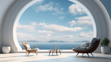 The endless horizon beckoned from the window, framed by billowing clouds and an expanse of sky, as solitary chair sat poised on the edge of possibility in outdoor room of beachside building - obrazy, fototapety, plakaty