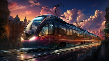 A train hurtles down the tracks under a colorful sunset sky, its reflection bouncing off the clouds above as it travels through the night, powered by the electricity of the railway - obrazy, fototapety, plakaty