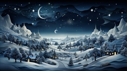 Amidst the glistening snow and barren trees, the pale winter moon illuminates a tranquil village nestled in the heart of nature's frozen embrace - obrazy, fototapety, plakaty