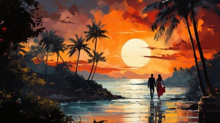 A couple strolls hand in hand on a sandy shore, basking in the fiery hues of the sky as the tranquil ocean and swaying palms create a dreamy backdrop for their romantic escape - obrazy, fototapety, plakaty