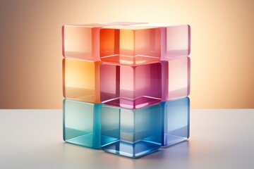 Abstract box-shaped sculpture, featuring a pastel gradient that transitions from warm to cool tones, Generative AI