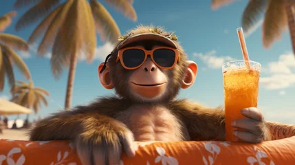Poster A beach-loving monkey sips on a refreshing orange juice while rocking cool sunglasses and a stylish hat, gazing up at the sky with their trusty goggles nearby © Envision