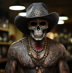 Fototapeta premium A daring man in a skull-mask and cowboy hat exudes a mysterious energy, his clothing and tattooed skin speaking volumes as he stands indoors, ready to take on the world