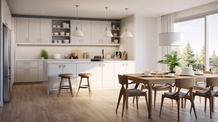 modern dining room with kitchen and white cabinets and a dining table