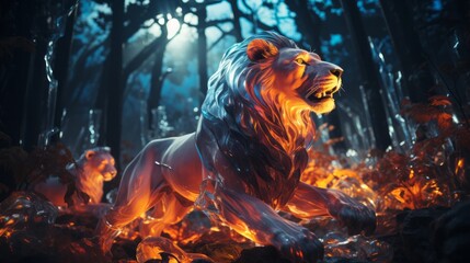 A blazing lion statue roars fiercely amidst the sweltering heat of the outdoor forest, igniting a...
