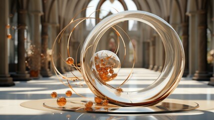 Captivating glass masterpiece with shimmering gold bubbles, evoking a sense of whimsy and luxury amidst nature's embrace