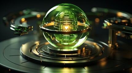 A luminous green sphere, trapped within a fragile glass shell, dances with light and casts enchanting reflections in the dimly lit room