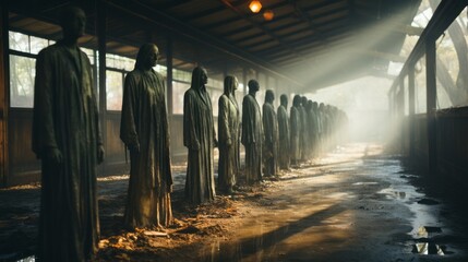 A hazy mist of fog dances around a line of stony figures, as the outdoor light casts an ethereal glow upon the grounded statues within the ancient building