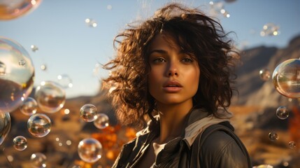 As the bubbles floated effortlessly around her, the woman with cascading brown hair stood in the midst of a wild outdoor landscape, her flowing clothing and captivating portrait