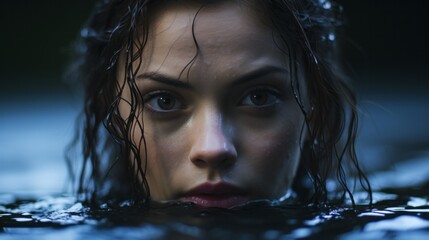 A mesmerizing portrait of a girl submerged in water, her wet hair framing her face as her fluttering eyelashes and glistening lips reflect the wild fluidity of the moment