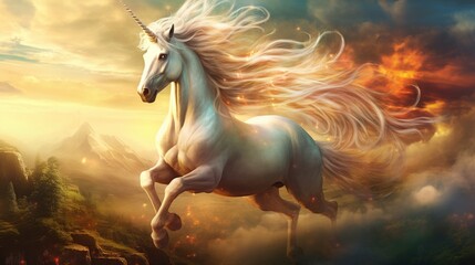 Naklejka na ściany i meble Realistic magical, mythical winged pegasus unicorn horse fantasy background. AI generated image