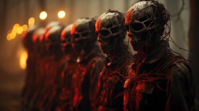 A chilling gathering of masked figures draped in eerie attire sends shivers down the spine as they embody the essence of horror