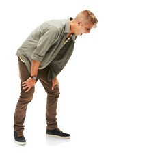 Warning, yelling and man with stress, anger and frustrated isolated against a transparent background. Male person, guy and model with shouting, angry and danger with png, bad situation and upset