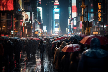 people walking on the street of New York at night in rain