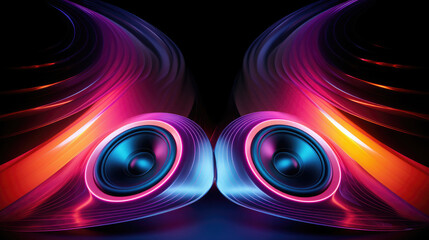 Audio DJ speakers with dynamic sonic colorful neon glows - obrazy, fototapety, plakaty