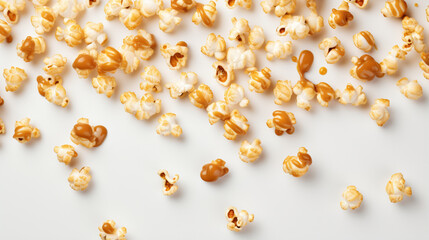 Decoration of Fresh Caramel popcorn with white background and warm light for product presentation in top view. Created using generative AI.
