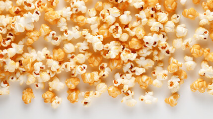 Top view fragrant Caramel popcorn with plain white background and warm light for advertise and presentation. Created using generative AI.