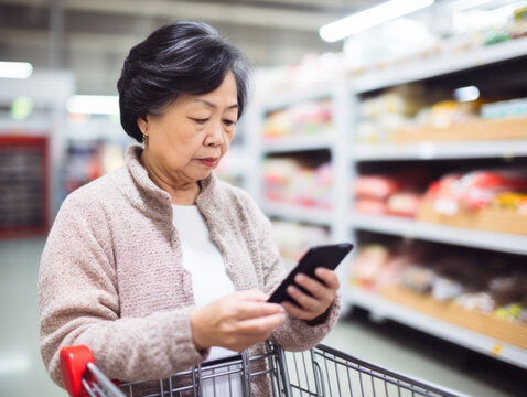 Asian-american women check their shopping list on their smartphones at a supermarket