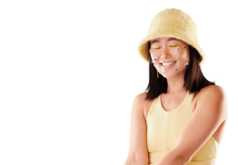 Happy, cosmetics and asian woman with comic eyes for fashion in png or transparent and isolated background. Girl, smile and gen z with stickers or makeup with style and beauty face with happiness.