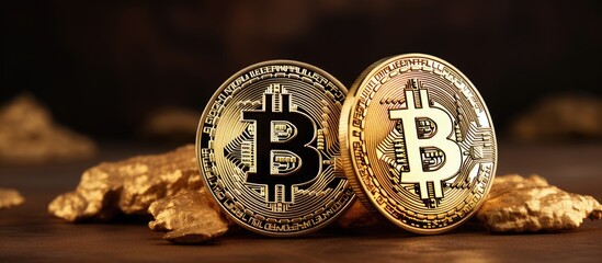 Bitcoin mining concept illustrated with two golden bitcoins on a yellow gold surface