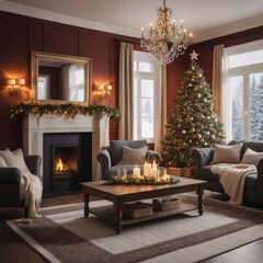 Christmas living room interior with Christmas tree and presents.