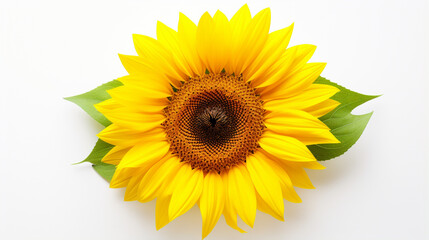Top view Sun flower and leaf with plain white background and warm light for advertise and presentation. Created using generative AI.