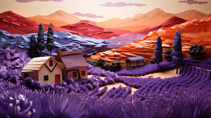 Sun set and mountain background with homey lavender garden in paper art and craft style. Created using generative AI.