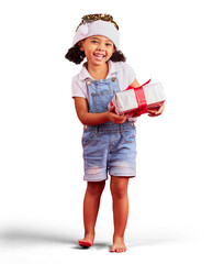 Isolated girl child, Christmas and gift in portrait, smile and excited for festive holiday by...