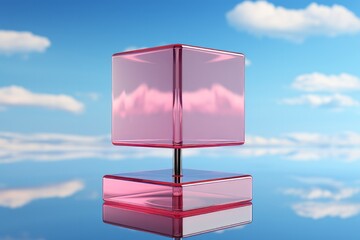 Pastel pink cube gently levitating above a pastel blue plane, suggesting a sense of balance and tranquility, Generative AI