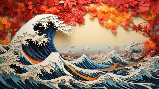 Ocean and wave landscape in autumn season with red maple in paper art and craft design concept.  Created using generative AI.