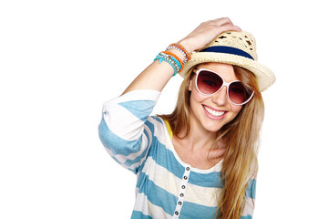 Summer portrait, fashion or happy woman with sunglasses, trendy clothes or stylish outfit, apparel...