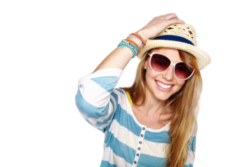 Summer portrait, fashion or happy woman with sunglasses, trendy clothes or stylish outfit, apparel or casual. Glasses, relax spring hat or excited person face isolated on transparent, png background